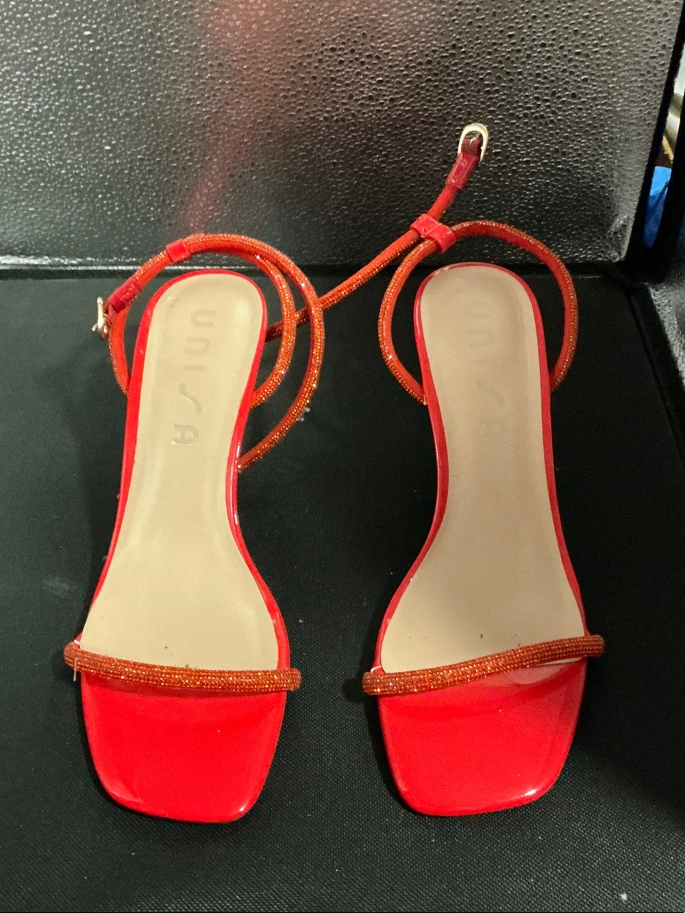 Unisa Red Beaded Ankle-Tie Sandals